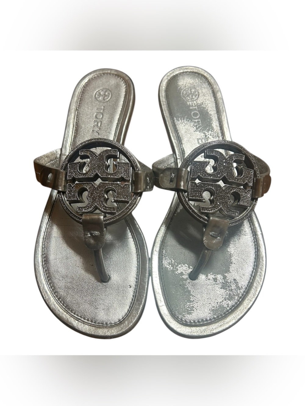 Tory Burch Metallic Silver Logo-Emblem Slide Sandals